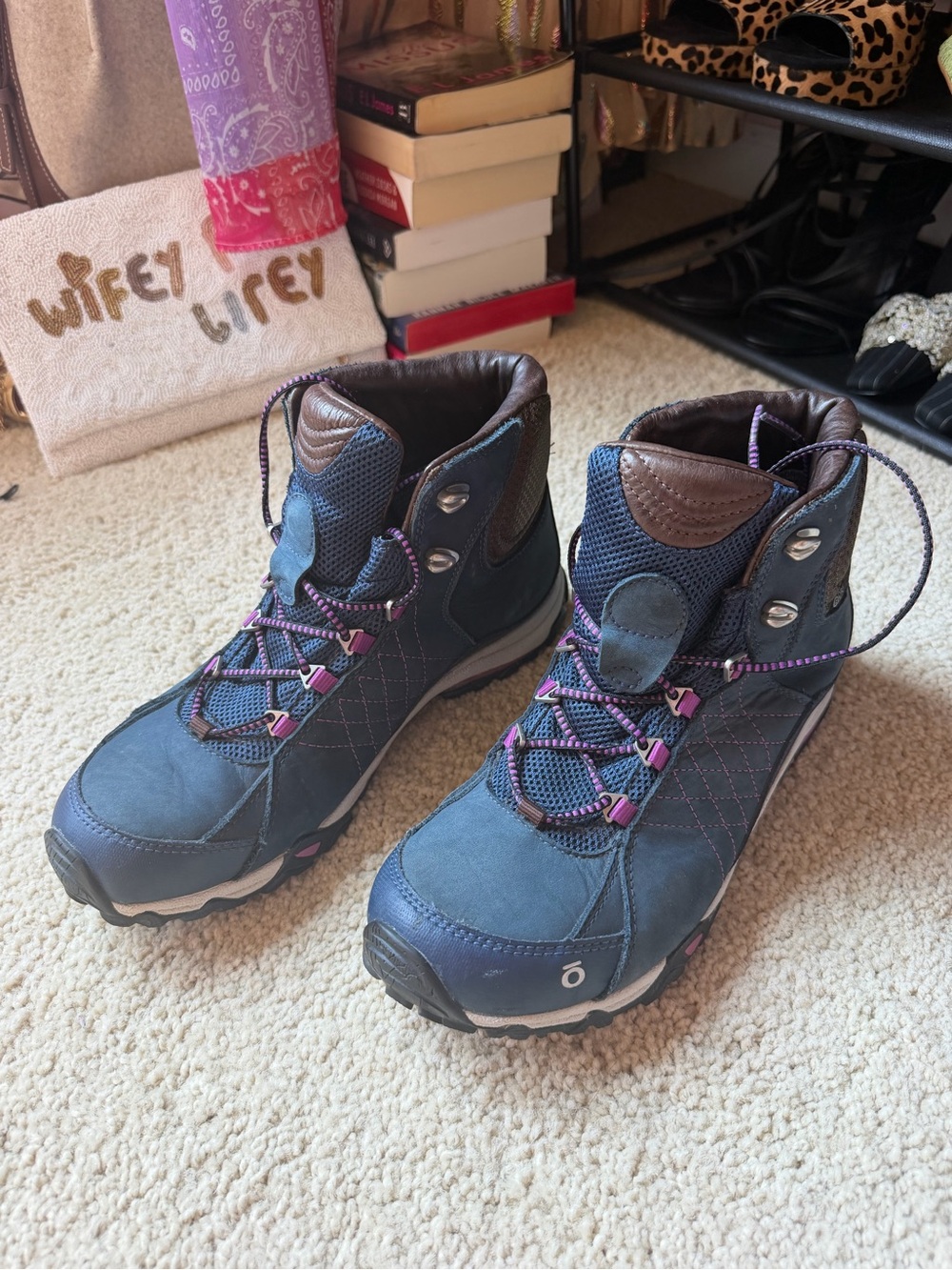 Women's Lace-Up Hiking Boots in Navy with Purple Accents